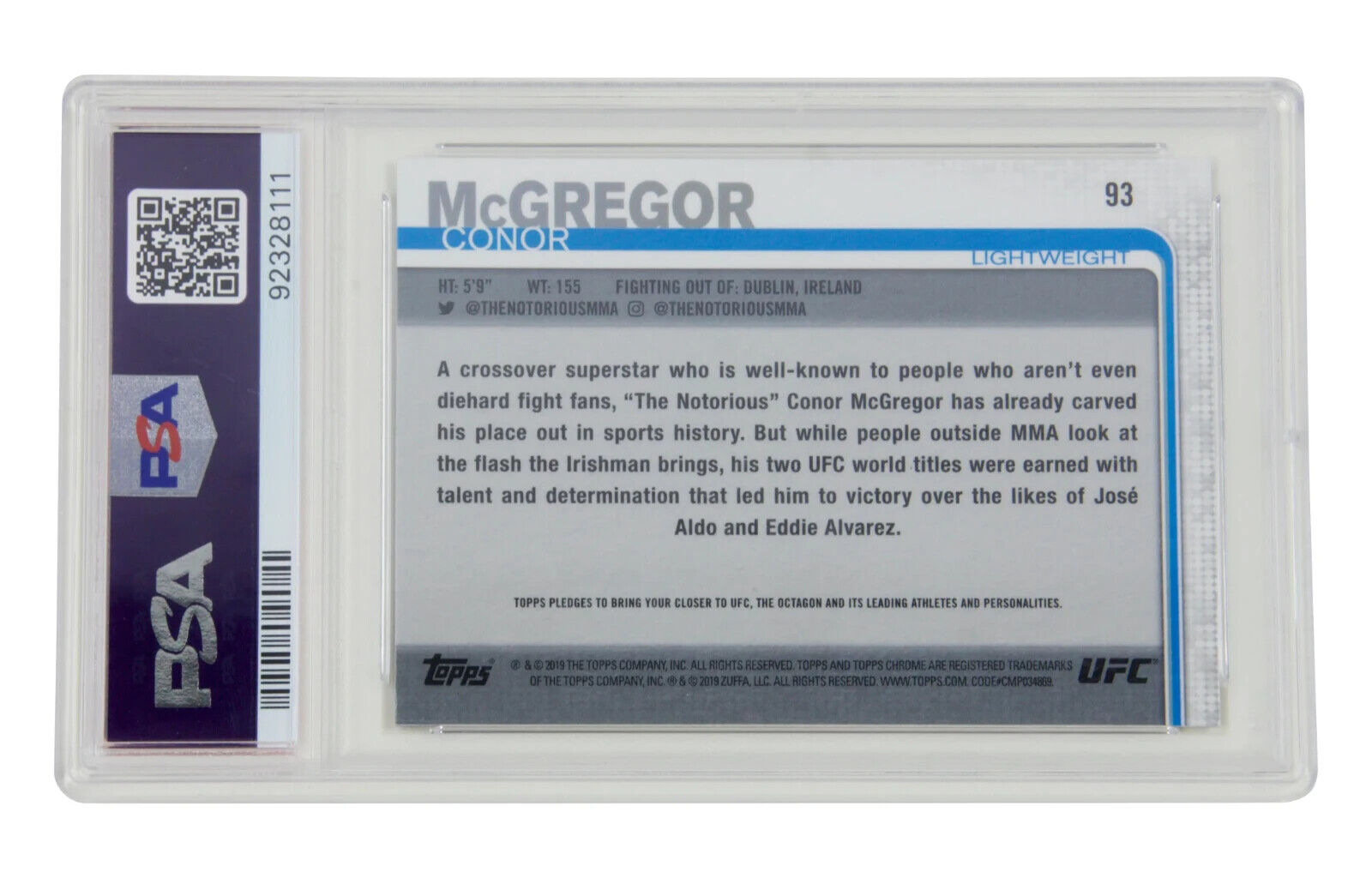 Conor McGregor Signed 2019 Topps UFC Chrome #93 – PSA 10 Autograph 10